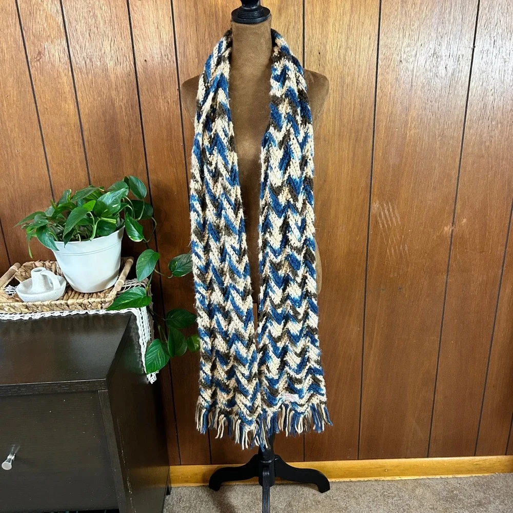 Handmade Crochet Chevron Scarf Blue Brown Cream Zigzag Fringe Winter‎ Wrap